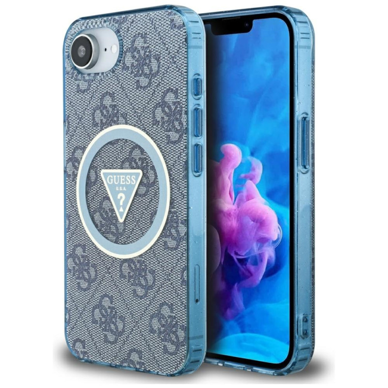 „Guess IML Metal Glitter 4G Circle Triangle MagSafe“ dėklas, skirtas iPhone 16e – mėlynas