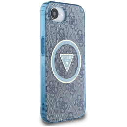 „Guess IML Metal Glitter 4G Circle Triangle MagSafe“ dėklas, skirtas iPhone 16e – mėlynas
