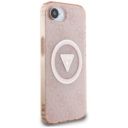 „Guess IML Metal Glitter 4G Circle Triangle MagSafe“ dėklas, skirtas „iPhone 16e“ – rožinis