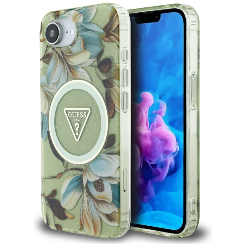 „Guess IML Metal“ blizgučių ir gėlių trikampio formos „MagSafe iPhone 16e“ dėklas – žalias