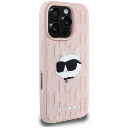 Karl Lagerfeld 3D guminis monogramos ir „Choupette“ dėklas iPhone 16 Pro Max telefonui – rožinis