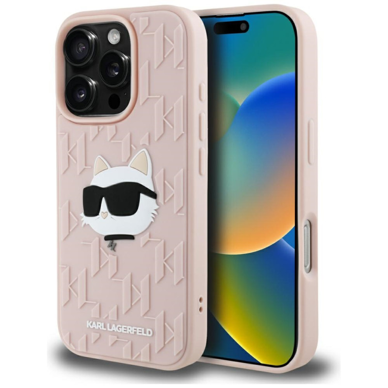 Karl Lagerfeld 3D guminis monogramos ir „Choupette“ dėklas iPhone 16 Pro telefonui – rožinis