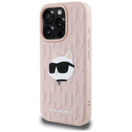 Karl Lagerfeld 3D guminis monogramos ir „Choupette“ dėklas iPhone 16 Pro telefonui – rožinis