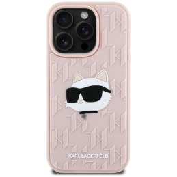 Karl Lagerfeld 3D guminis monogramos ir „Choupette“ dėklas iPhone 16 Pro telefonui – rožinis