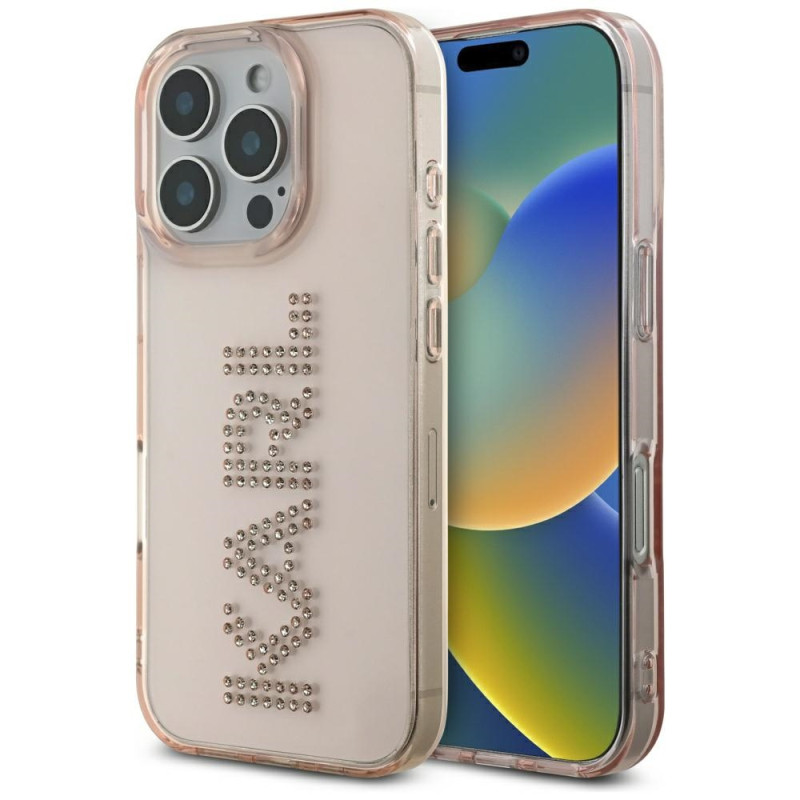Karl Lagerfeld IML iPhone 16 Pro Max dėklas su rhinestones logotipu – rožinis