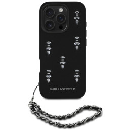Karl Lagerfeld Saffiano kristalais ir grandinėle aptrauktas iPhone 16 Pro dėklas – juodas
