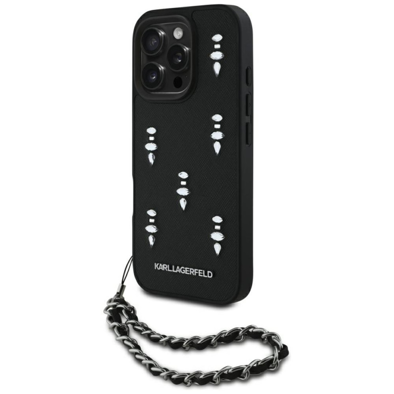 Karl Lagerfeld Saffiano kristalais ir grandinėle iPhone 16 Pro Max dėklas – juodas