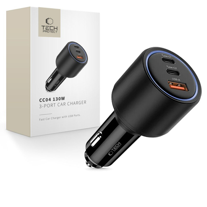 CC04 3 prievadų PD130W automobilinis įkroviklis – juodas