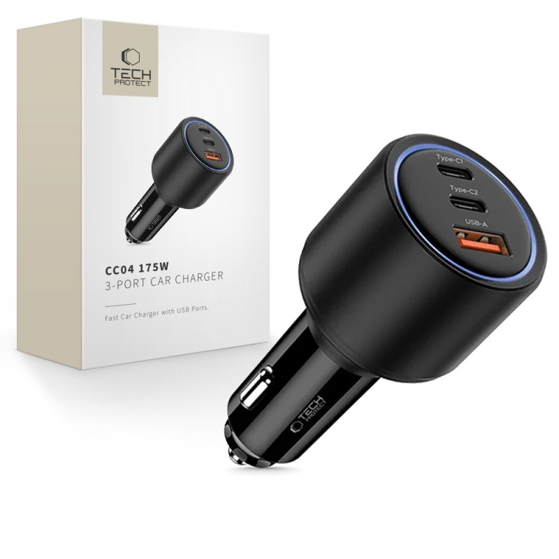 CC04 3 prievadų PD175W automobilinis įkroviklis – juodas