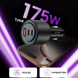 CC04 3 prievadų PD175W automobilinis įkroviklis – juodas
