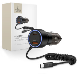 CC05 automobilinis įkroviklis su 2 prievadais PD60 W + USB-C laidas – juodas