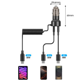 CC05 automobilinis įkroviklis su 2 prievadais PD60 W + USB-C laidas – juodas