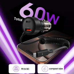 CC05 automobilinis įkroviklis su 2 prievadais PD60 W + USB-C laidas – juodas