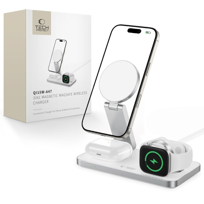 „Tech-Protect QI15W-A47 MagSafe 3in1“ indukcinis įkroviklis + USB-C laidas – baltas