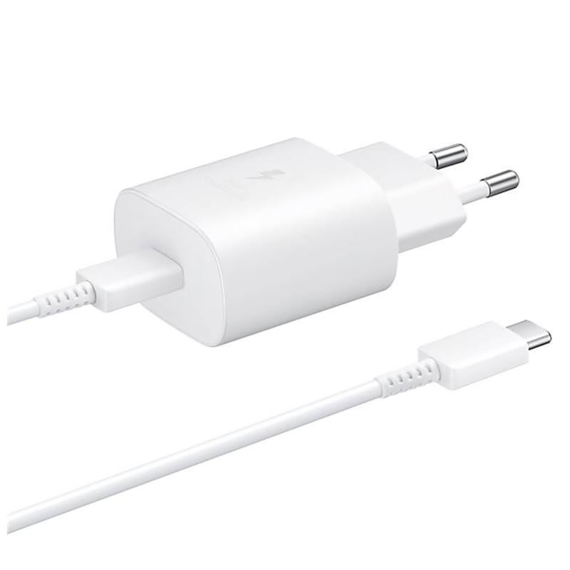 „Samsung“ 25 W EP-TA800EWE USB-C sieninis įkroviklis su „Samsung EP-DA705BWE USB-C / USB-C“ laido pakaitine pakuote – ba...