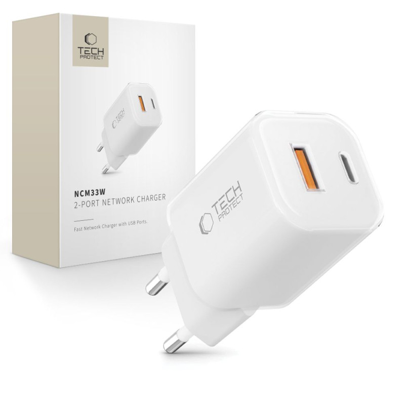 „Tech-Protect NCM33W“ 2 prievadų PD33W/ QC3.0 sieninis įkroviklis – baltas