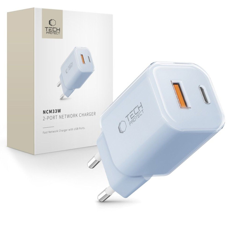 „Tech-Protect NCM33W“ 2 prievadų PD33W/ QC3.0 sieninis įkroviklis – mėlynas