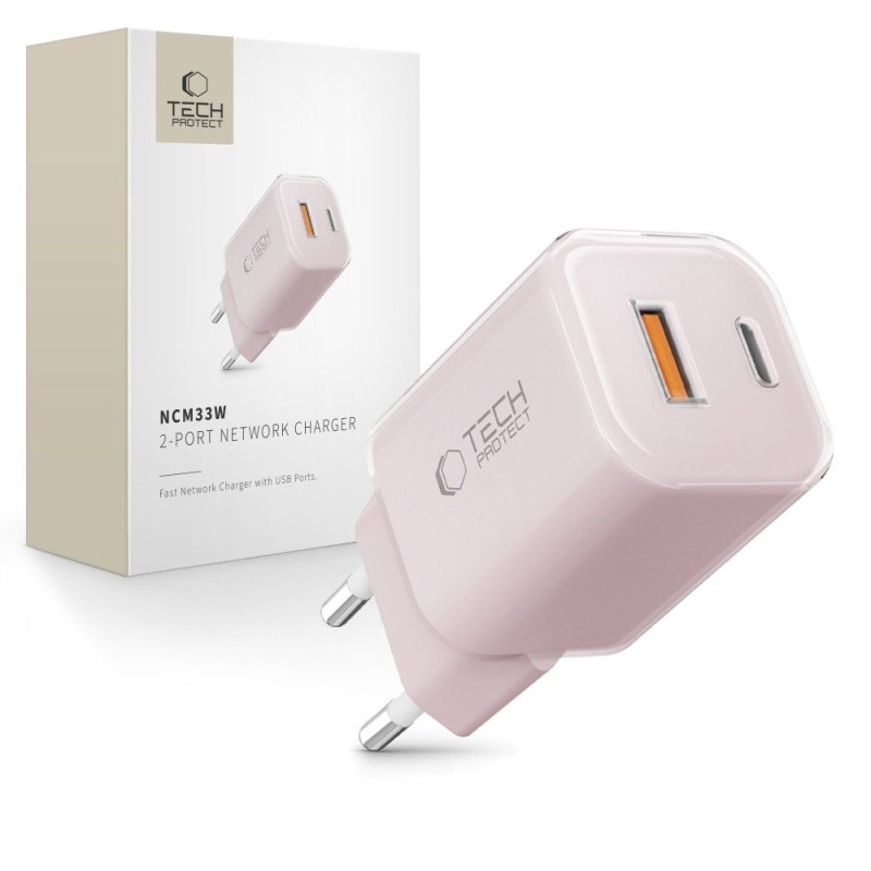 „Tech-Protect NCM33W“ 2 prievadų PD33W/ QC3.0 sieninis įkroviklis – rožinis