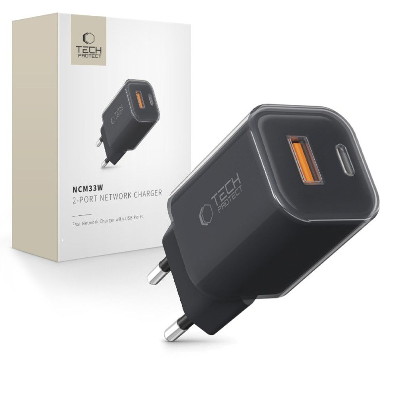 „Tech-Protect NCM33W“ 2 prievadų PD33W/ QC3.0 sieninis įkroviklis – juodas