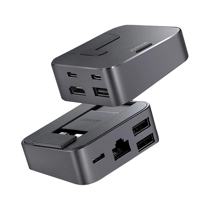 „Hub Joyroom S-H121“ USB-C stovas – USB-A 3.0 / RJ45 / HDMI / USB-C / Thunderbolt, skirtas „MacBook Pro“ – pilkas
