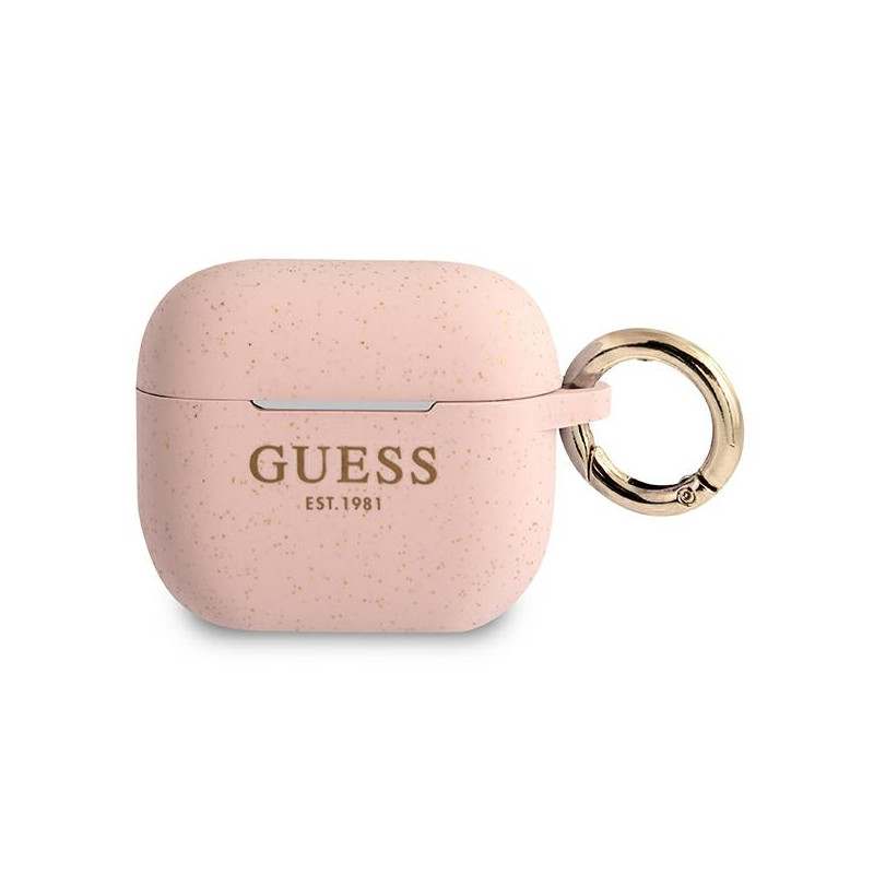Guess GUA3SGGEP AirPods 3 dėklas su rožiniais blizgučiais, silikoninis