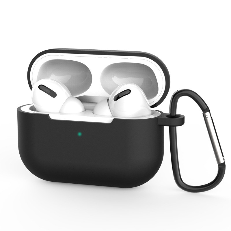 „AirPods Pro“ dėklas, minkštas silikoninis ausinių dėklas + raktų pakabukas, karabinas, pakabukas, juodas (D dėklas)