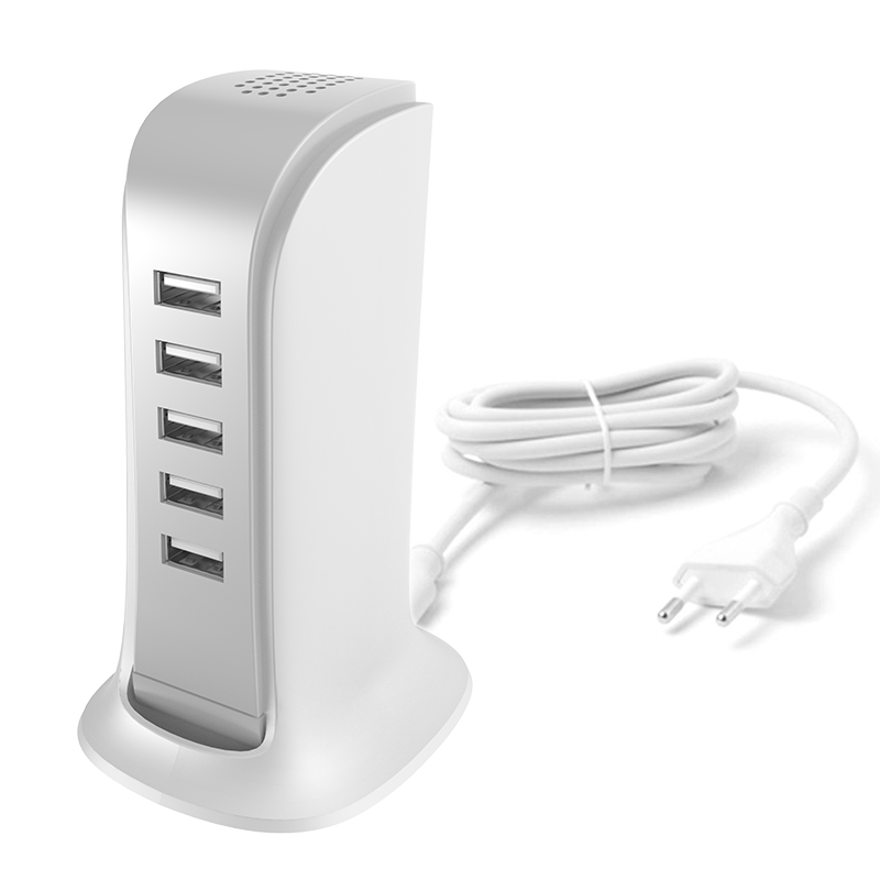 Dudao 5x USB sieninis įkroviklis su integruotu ES maitinimo laidu, baltas (A5EU)