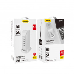 Dudao 5x USB sieninis įkroviklis su integruotu ES maitinimo laidu, baltas (A5EU)