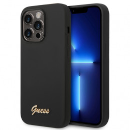 „Guess“ silikoninis „Vintage“ auksinis „iPhone 14 Pro Max“ dėklas su logotipu – juodas