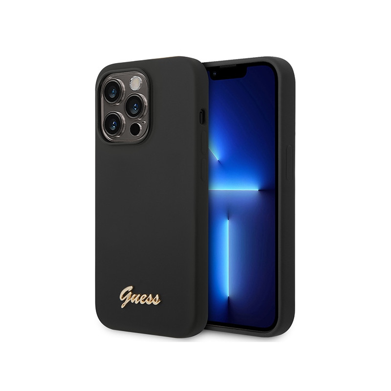 „Guess“ silikoninis „Vintage“ auksinis „iPhone 14 Pro Max“ dėklas su logotipu – juodas