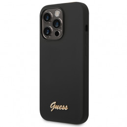 „Guess“ silikoninis „Vintage“ auksinis „iPhone 14 Pro Max“ dėklas su logotipu – juodas