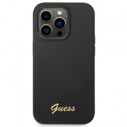 „Guess“ silikoninis „Vintage“ auksinis „iPhone 14 Pro Max“ dėklas su logotipu – juodas