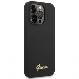 „Guess“ silikoninis „Vintage“ auksinis „iPhone 14 Pro Max“ dėklas su logotipu – juodas