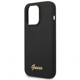 „Guess“ silikoninis „Vintage“ auksinis „iPhone 14 Pro Max“ dėklas su logotipu – juodas