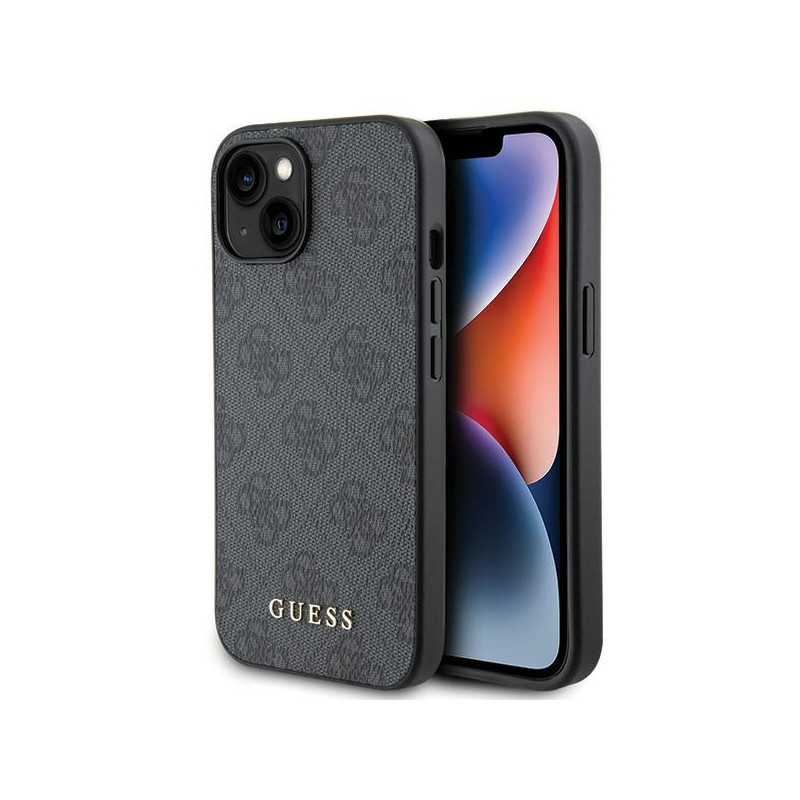 „Guess 4G“ metalinis auksinis „iPhone 15“ dėklas su logotipu – pilkas