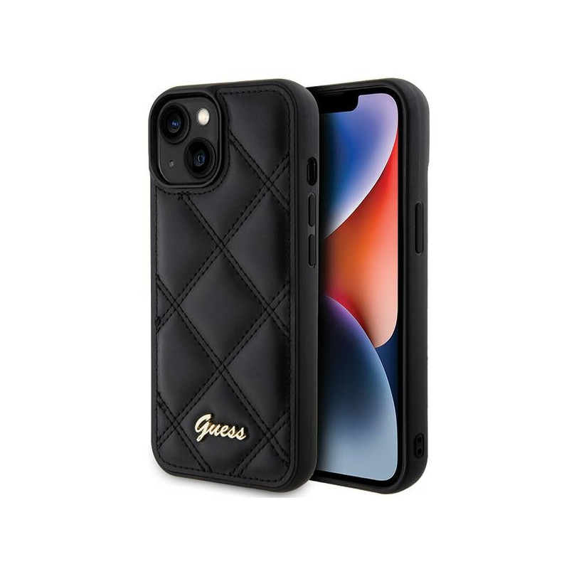„Guess“ dygsniuotas metalinis iPhone 15 dėklas – juodas