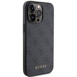 „Guess 4G“ metalinis auksinis „iPhone 15 Pro Max“ dėklas su logotipu – pilkas