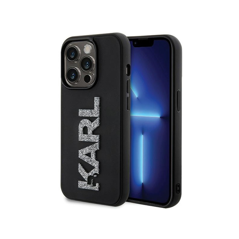 „Karl Lagerfeld“ 3D guminis blizgučių logotipo dėklas, skirtas „iPhone 15 Pro“ – juodas