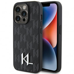 Karl Lagerfeld odinis monograminis karšto spaudo metalinis logotipo dėklas iPhone 15 Pro – juodas