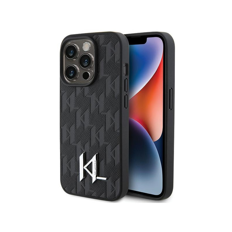 Karl Lagerfeld odinis monograminis karšto spaudo metalinis logotipo dėklas iPhone 15 Pro – juodas