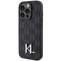 Karl Lagerfeld odinis monograminis karšto spaudo metalinis logotipo dėklas iPhone 15 Pro – juodas
