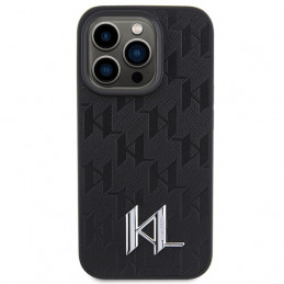 Karl Lagerfeld odinis monograminis karšto spaudo metalinis logotipo dėklas iPhone 15 Pro – juodas