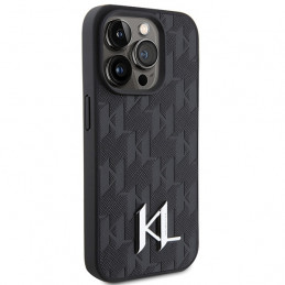 Karl Lagerfeld odinis monograminis karšto spaudo metalinis logotipo dėklas iPhone 15 Pro – juodas
