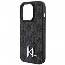 Karl Lagerfeld odinis monograminis karšto spaudo metalinis logotipo dėklas iPhone 15 Pro – juodas