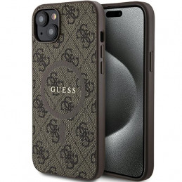 „Guess 4G Collection“ odinis metalinis „MagSafe“ dėklas su logotipu, skirtas iPhone 14/ 15/ 13 – rudas