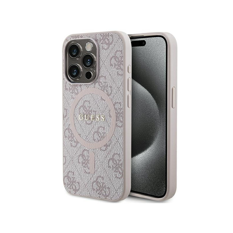 „Guess 4G Collection“ odinis metalinis „MagSafe“ dėklas su logotipu, skirtas „iPhone 14 Pro Max“ – rožinis