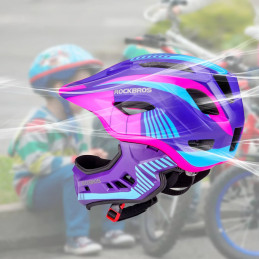 „Rockbros TT-32SBPP-S“ vaikiškas dviračio šalmas su nuimamu smakru, S dydis – violetinė-rožinė