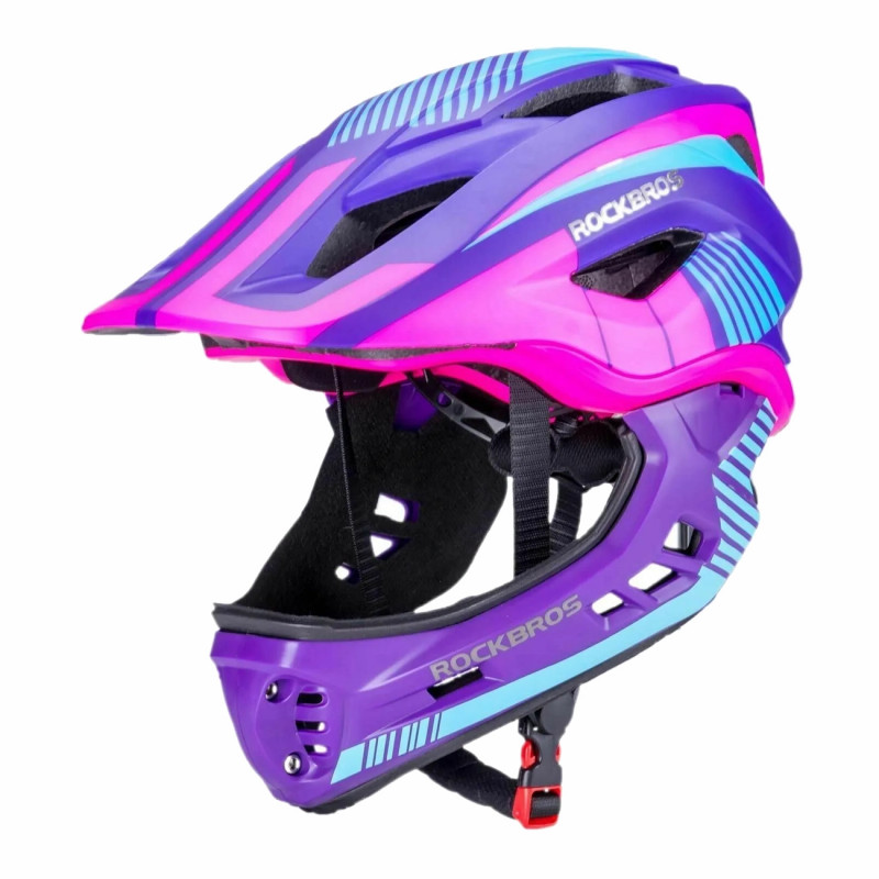 „Rockbros TT-32SBPP-M“ vaikiškas dviračio šalmas su nuimamu smakru, M dydis – violetinė-rožinė