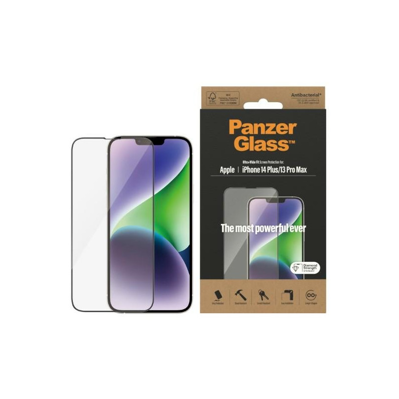 „PanzerGlass“ itin plataus kampo antibakterinis grūdintas stiklas, skirtas „iPhone 14 Plus“ / „13 Pro Max“