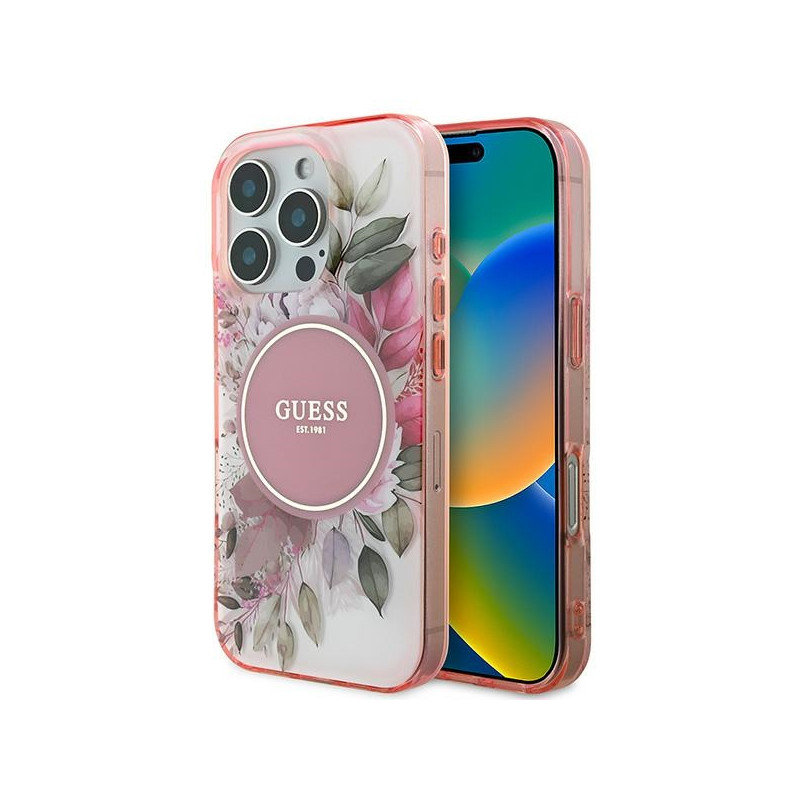 „Guess IML Flower & Tonal Circle“ „MagSafe“ dėklas, skirtas „iPhone 16 Pro Max“ – rožinis